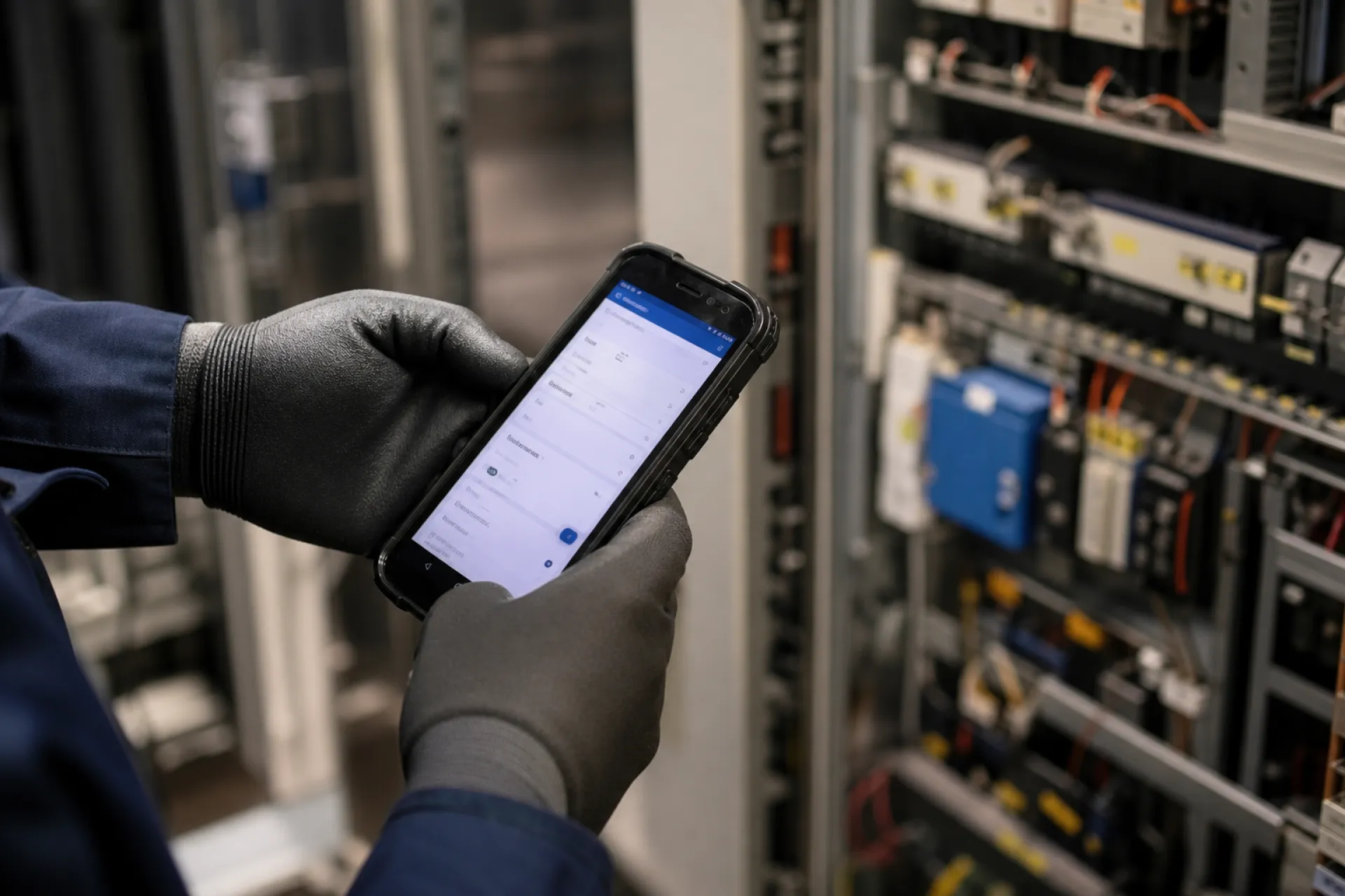 Mains gantées d'un technicien utilisant une application mobile devant une armoire de commande d'ascenseur