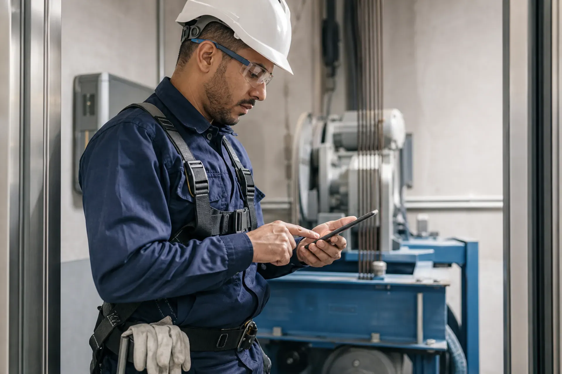 Engineer in a lift machine room using a mobile app with a fingertip, glove removed