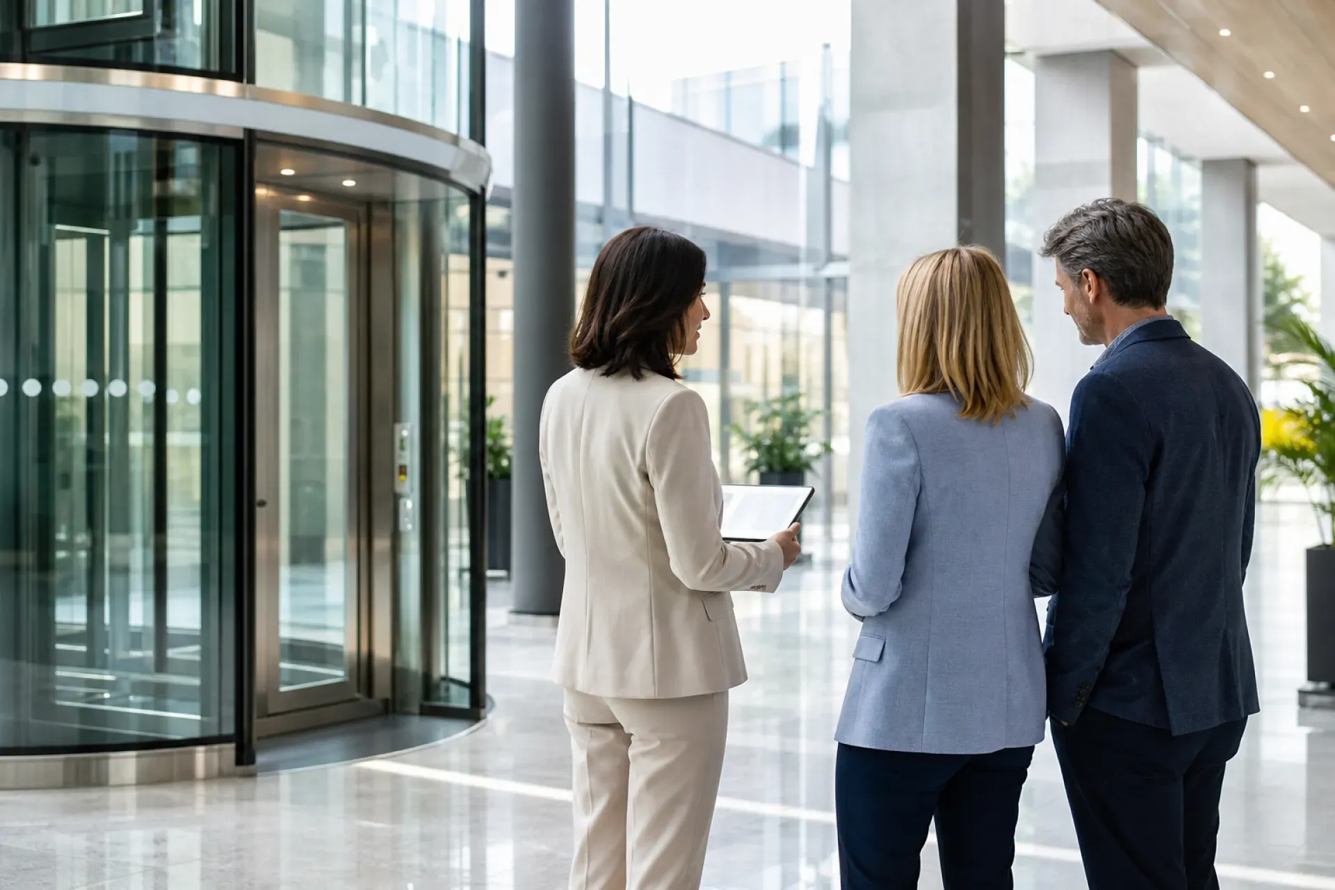 Une commerciale avec une tablette échange avec des propriétaires dans un hall moderne près d'un ascenseur panoramique